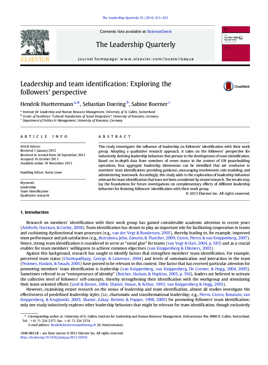 Leadership and team identification: Exploring the followers' perspective