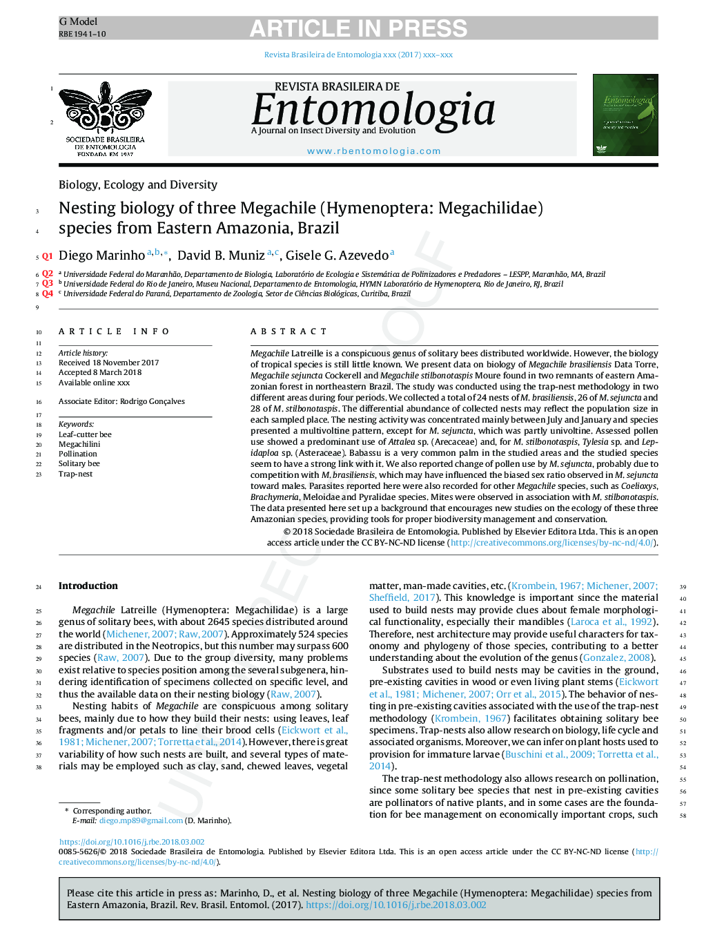 Nesting biology of three Megachile (Hymenoptera: Megachilidae) species from Eastern Amazonia, Brazil