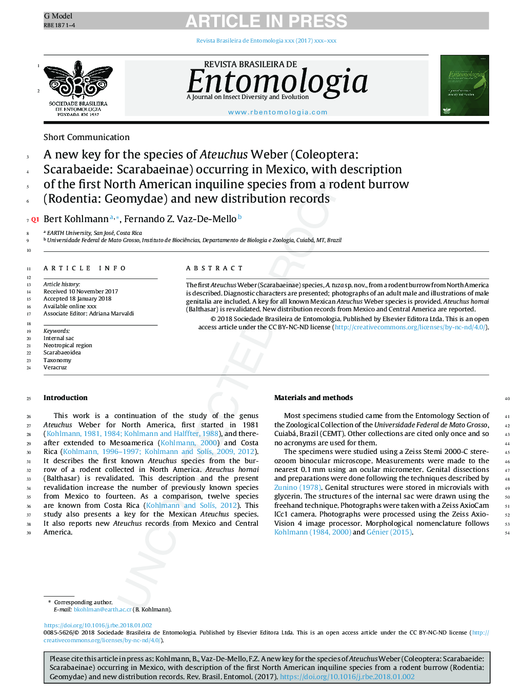 A new key for the species of Ateuchus Weber (Coleoptera: Scarabaeidae: Scarabaeinae) occurring in Mexico, with a description of the first North American inquiline species from a rodent burrow (Rodentia: Geomydae) and new distribution records