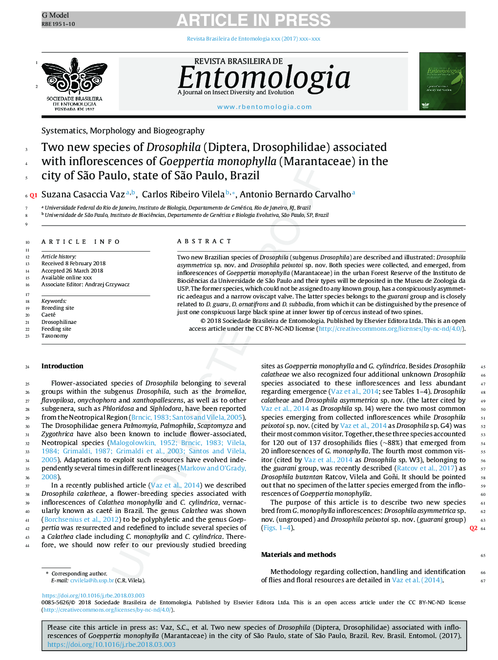 Two new species of Drosophila (Diptera, Drosophilidae) associated with inflorescences of Goeppertia monophylla (Marantaceae) in the city of SÃ£o Paulo, state of SÃ£o Paulo, Brazil