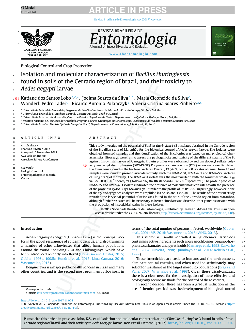 Isolation and molecular characterization of Bacillus thuringiensis found in soils of the Cerrado region of Brazil, and their toxicity to Aedes aegypti larvae