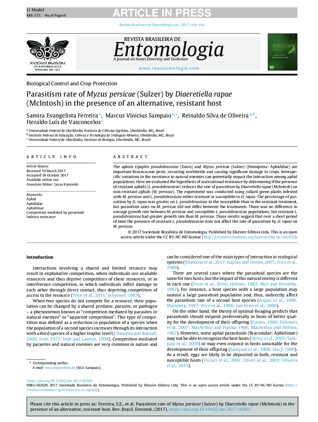 Parasitism rate of Myzus persicae (Sulzer) by Diaeretiella rapae (McIntosh) in the presence of an alternative, resistant host