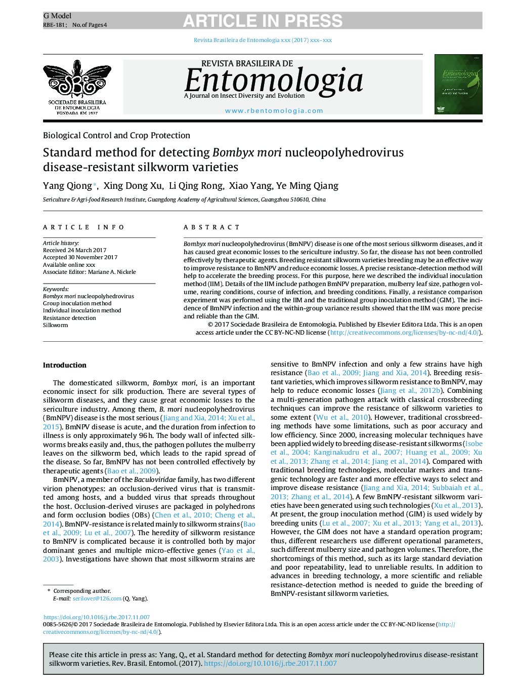 Standard method for detecting Bombyx mori nucleopolyhedrovirus disease-resistant silkworm varieties