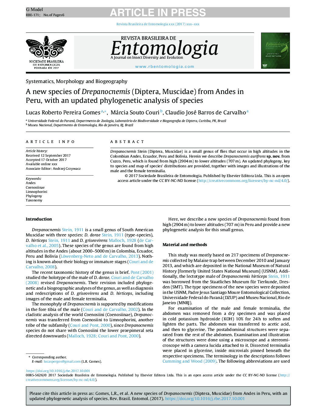 A new species of Drepanocnemis (Diptera, Muscidae) from Andes in Peru, with an updated phylogenetic analysis of species