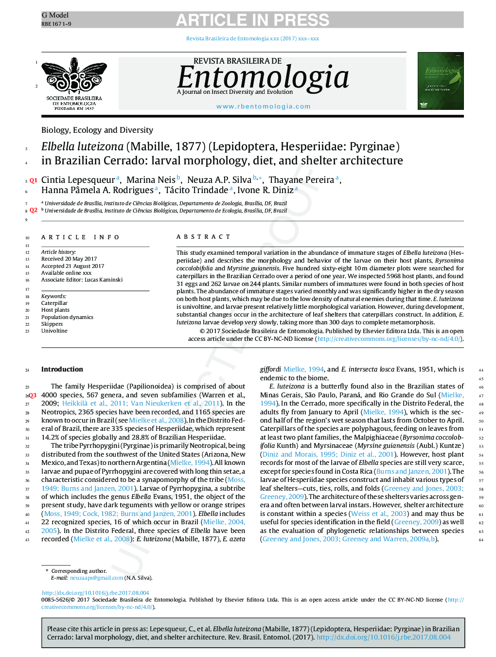 Elbella luteizona (Mabille, 1877) (Lepidoptera, Hesperiidae: Pyrginae) in Brazilian Cerrado: larval morphology, diet, and shelter architecture