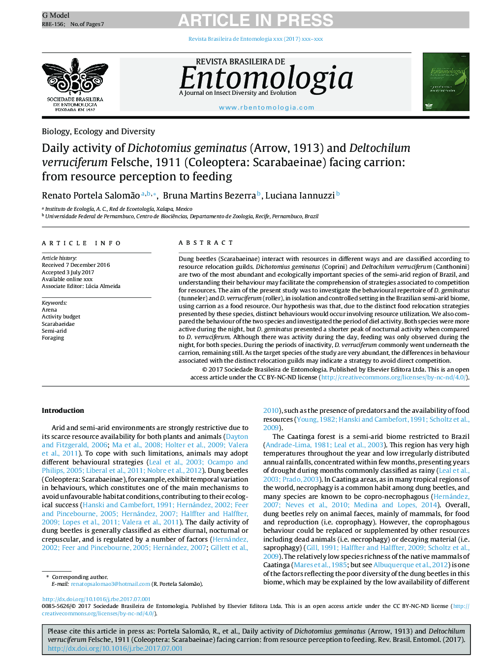 Daily activity of Dichotomius geminatus (Arrow, 1913) and Deltochilum verruciferum Felsche, 1911 (Coleoptera: Scarabaeinae) facing carrion: from resource perception to feeding