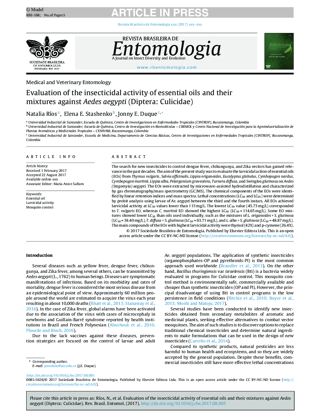 Evaluation of the insecticidal activity of essential oils and their mixtures against Aedes aegypti (Diptera: Culicidae)