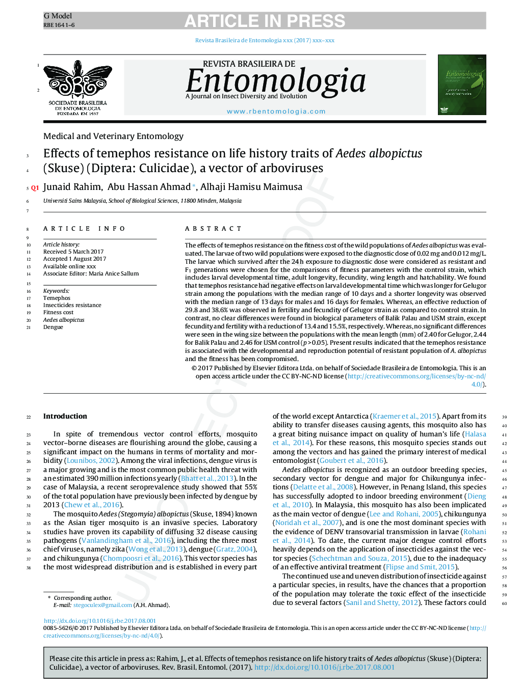 Effects of temephos resistance on life history traits of Aedes albopictus (Skuse) (Diptera: Culicidae), a vector of arboviruses