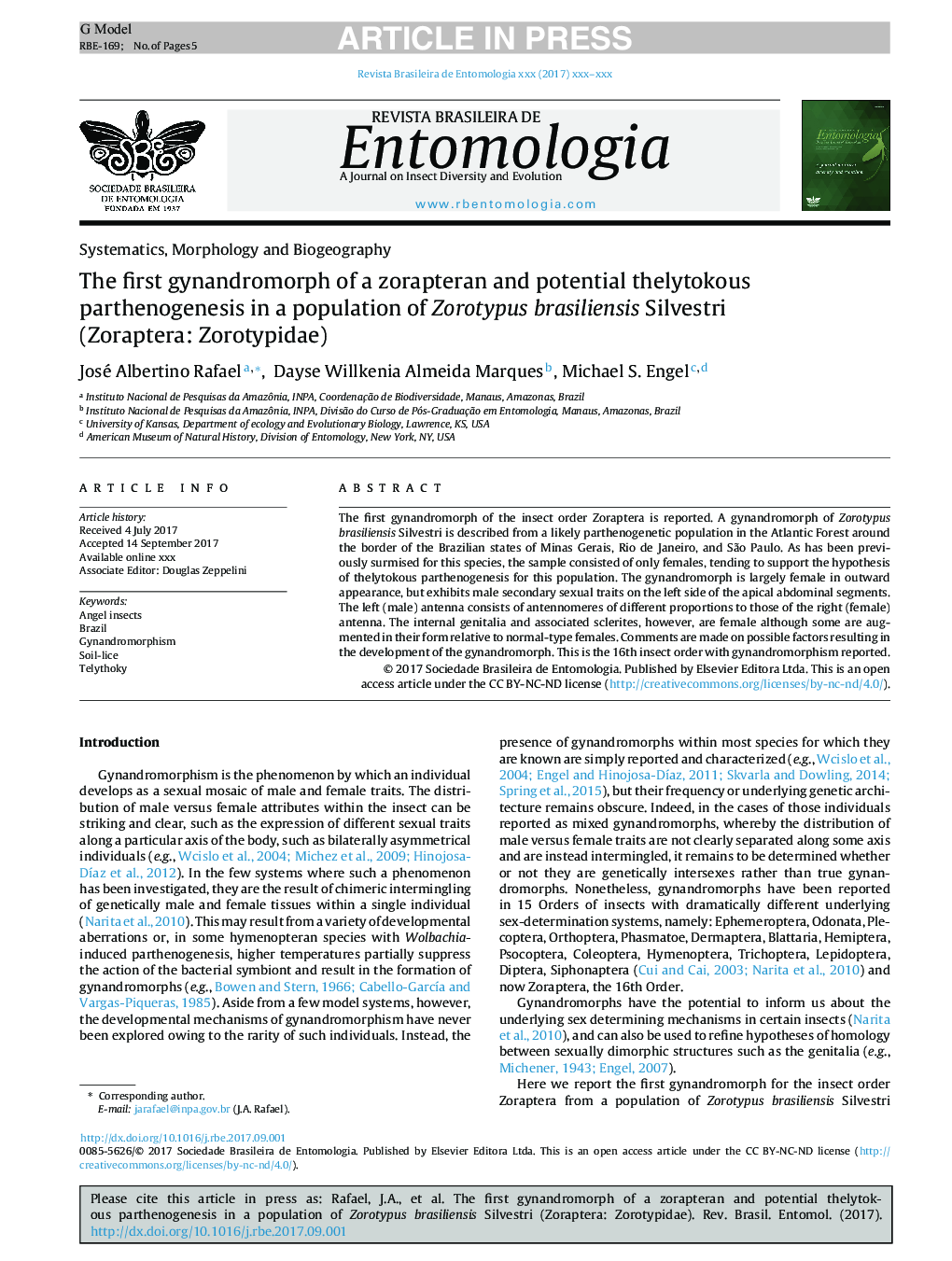 The first gynandromorph of a zorapteran and potential thelytokous parthenogenesis in a population of Zorotypus brasiliensis Silvestri (Zoraptera: Zorotypidae)