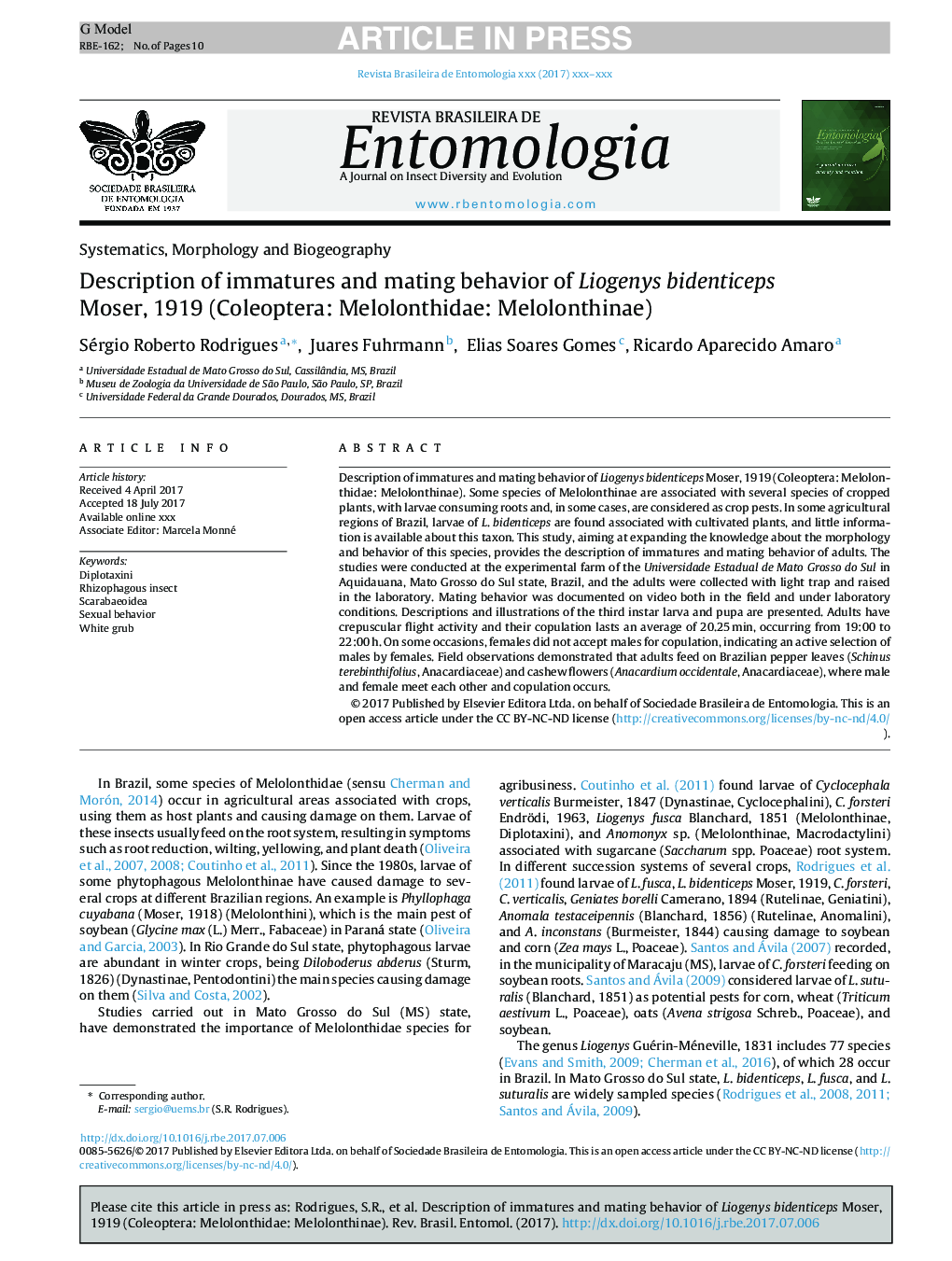 Description of immatures and mating behavior of Liogenys bidenticeps Moser, 1919 (Coleoptera: Melolonthidae: Melolonthinae)