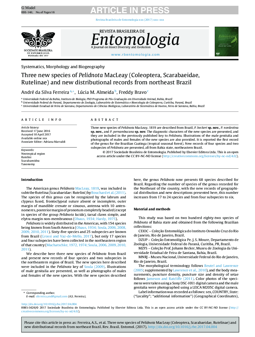 Three new species of Pelidnota MacLeay (Coleoptera, Scarabaeidae, Rutelinae) and new distributional records from northeast Brazil