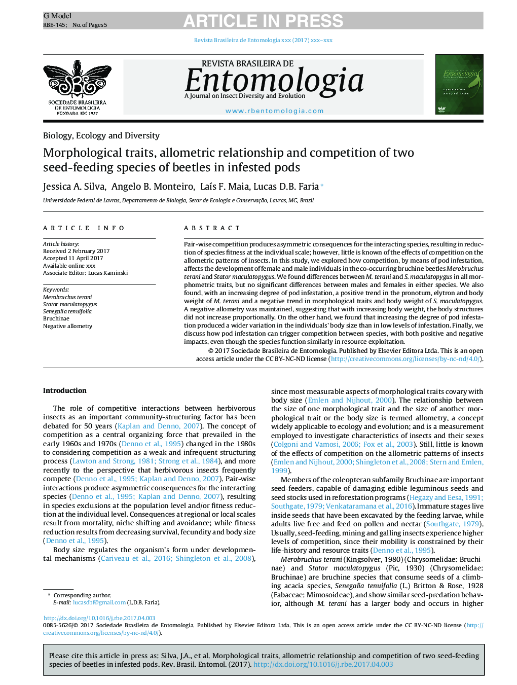 صفات مورفولوژیکی، رابطه آلومتریایی و رقابت دو گونه بذر تغذیه سوسک در غلاف های آلوده 