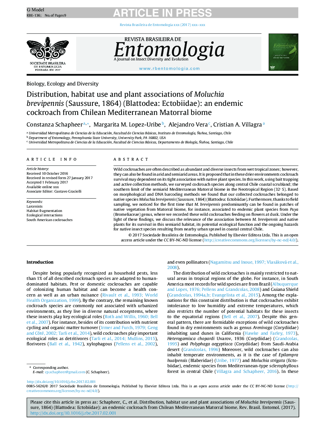 Distribution, habitat use and plant associations of Moluchia brevipennis (Saussure, 1864) (Blattodea: Ectobiidae): an endemic cockroach from Chilean Mediterranean Matorral biome