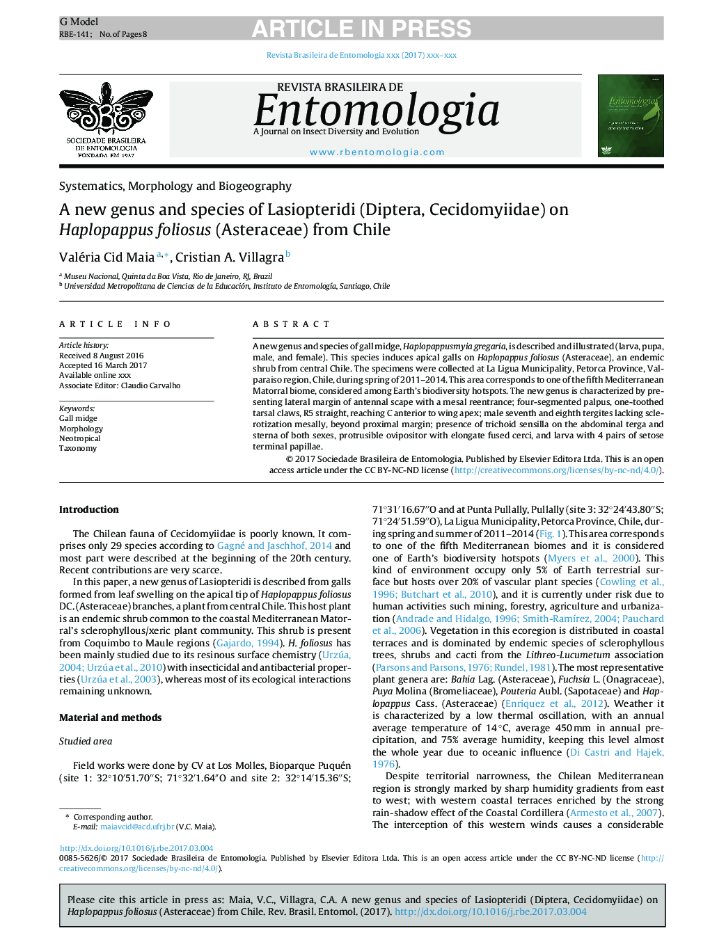 A new genus and species of Lasiopteridi (Diptera, Cecidomyiidae) on Haplopappus foliosus (Asteraceae) from Chile