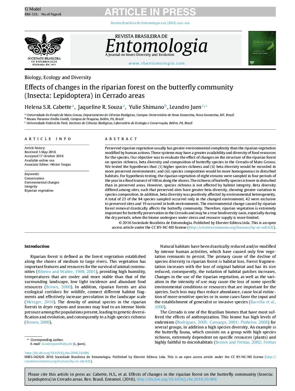 Effects of changes in the riparian forest on the butterfly community (Insecta: Lepidoptera) in Cerrado areas