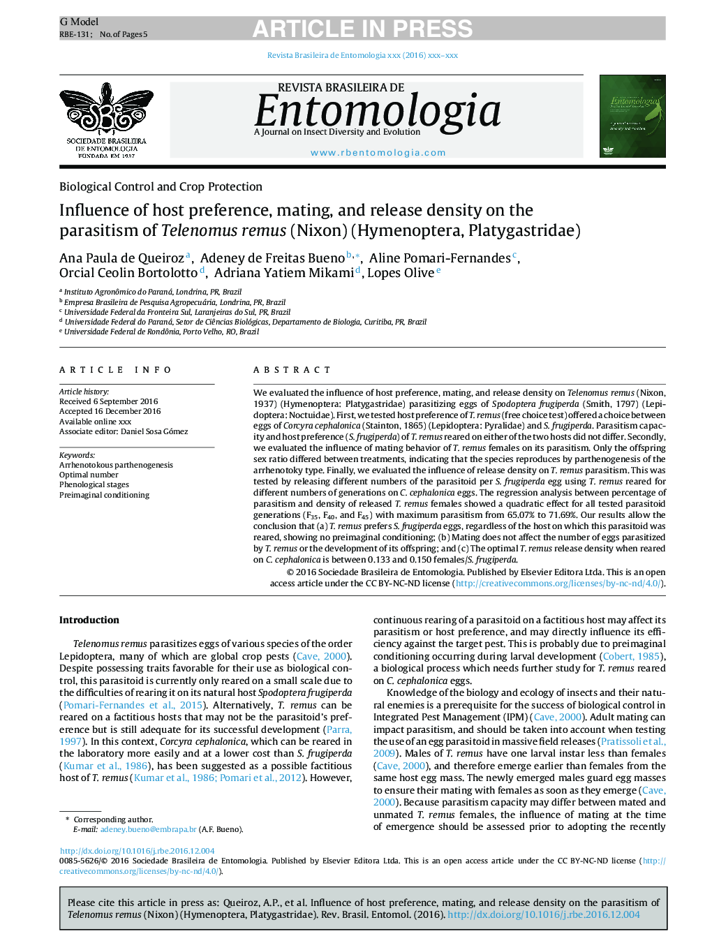 Influence of host preference, mating, and release density on the parasitism of Telenomus remus (Nixon) (Hymenoptera, Platygastridae)