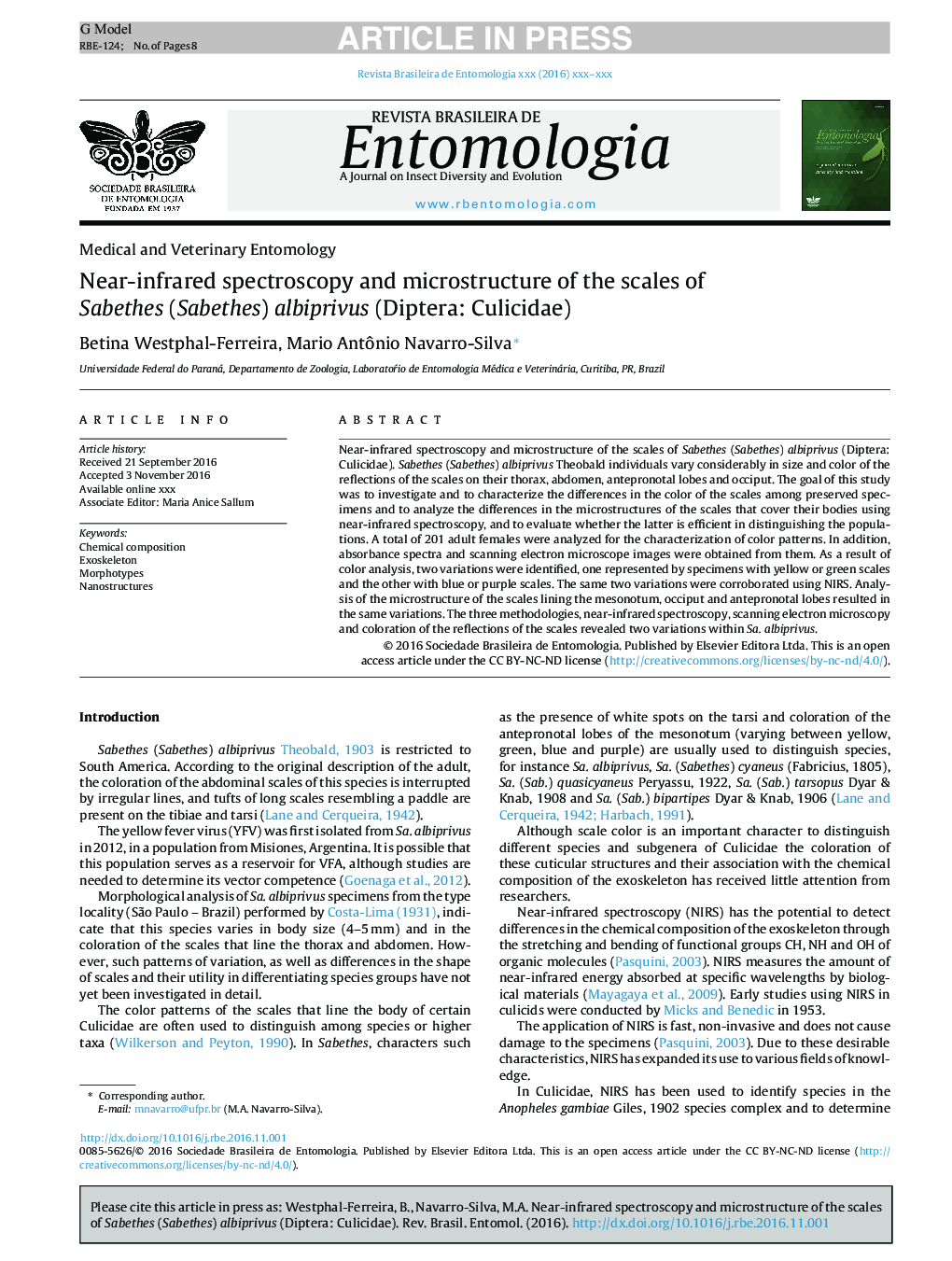 Near-infrared spectroscopy and microstructure of the scales of Sabethes (Sabethes) albiprivus (Diptera: Culicidae)