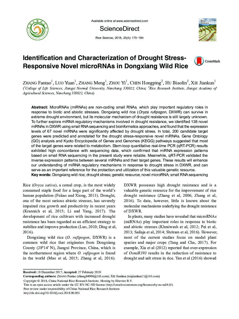 Identification and Characterization of Drought Stress- Responsive Novel microRNAs in Dongxiang Wild Rice