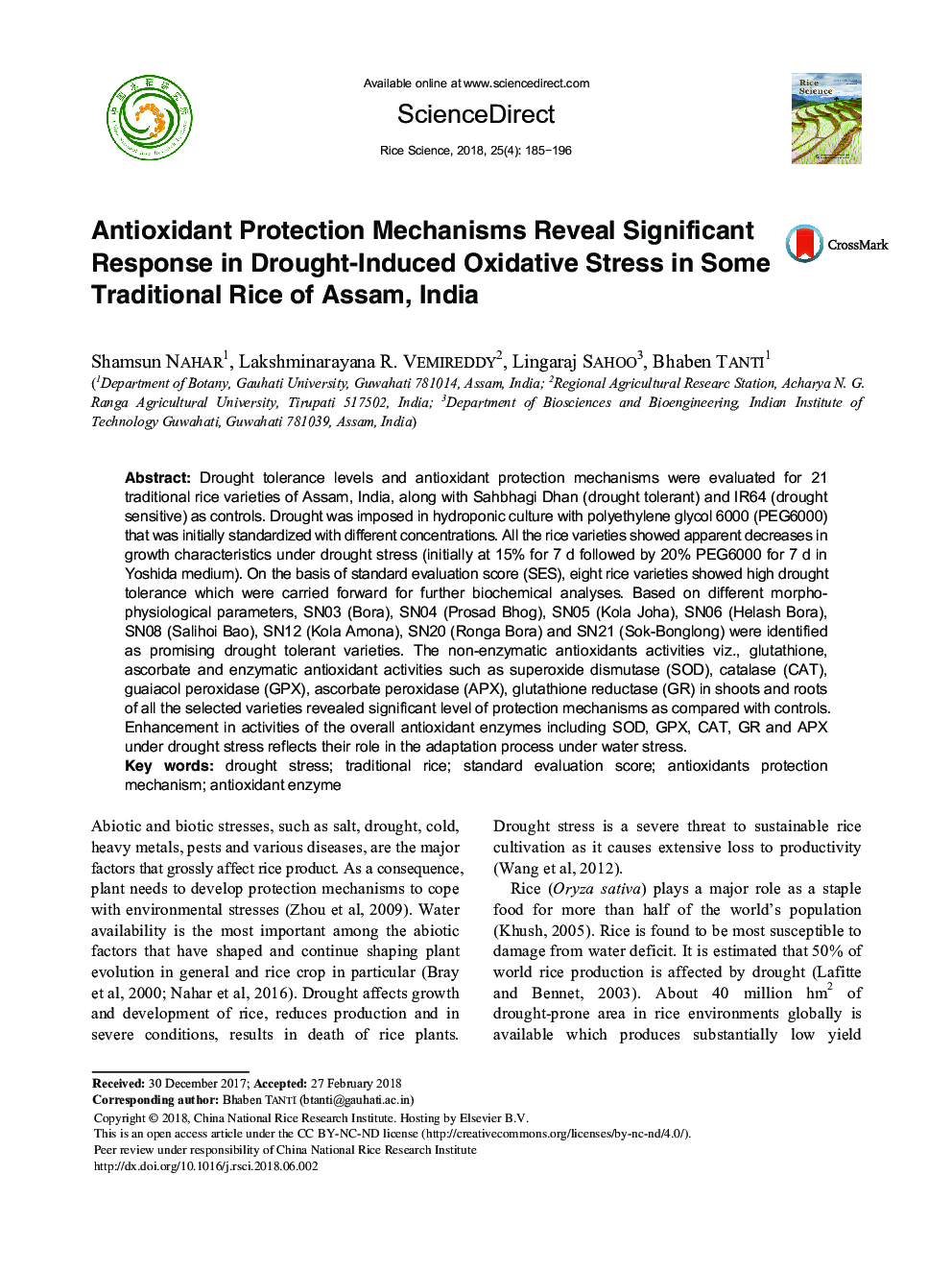 Antioxidant Protection Mechanisms Reveal Significant Response in Drought-Induced Oxidative Stress in Some Traditional Rice of Assam, India