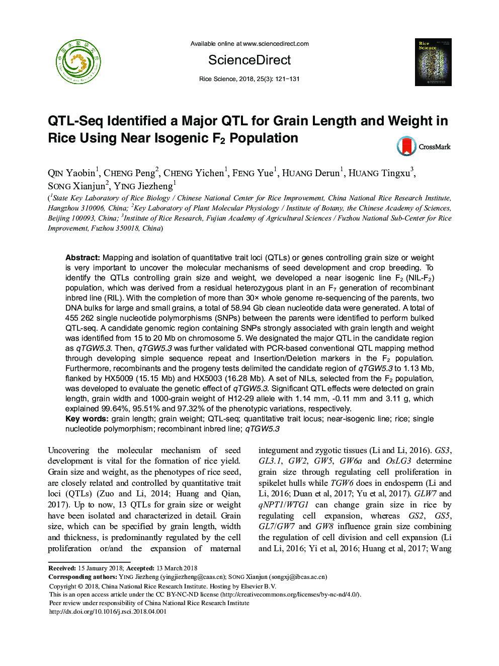 QTL-Seq Identified a Major QTL for Grain Length and Weight in Rice Using Near Isogenic F2 Population