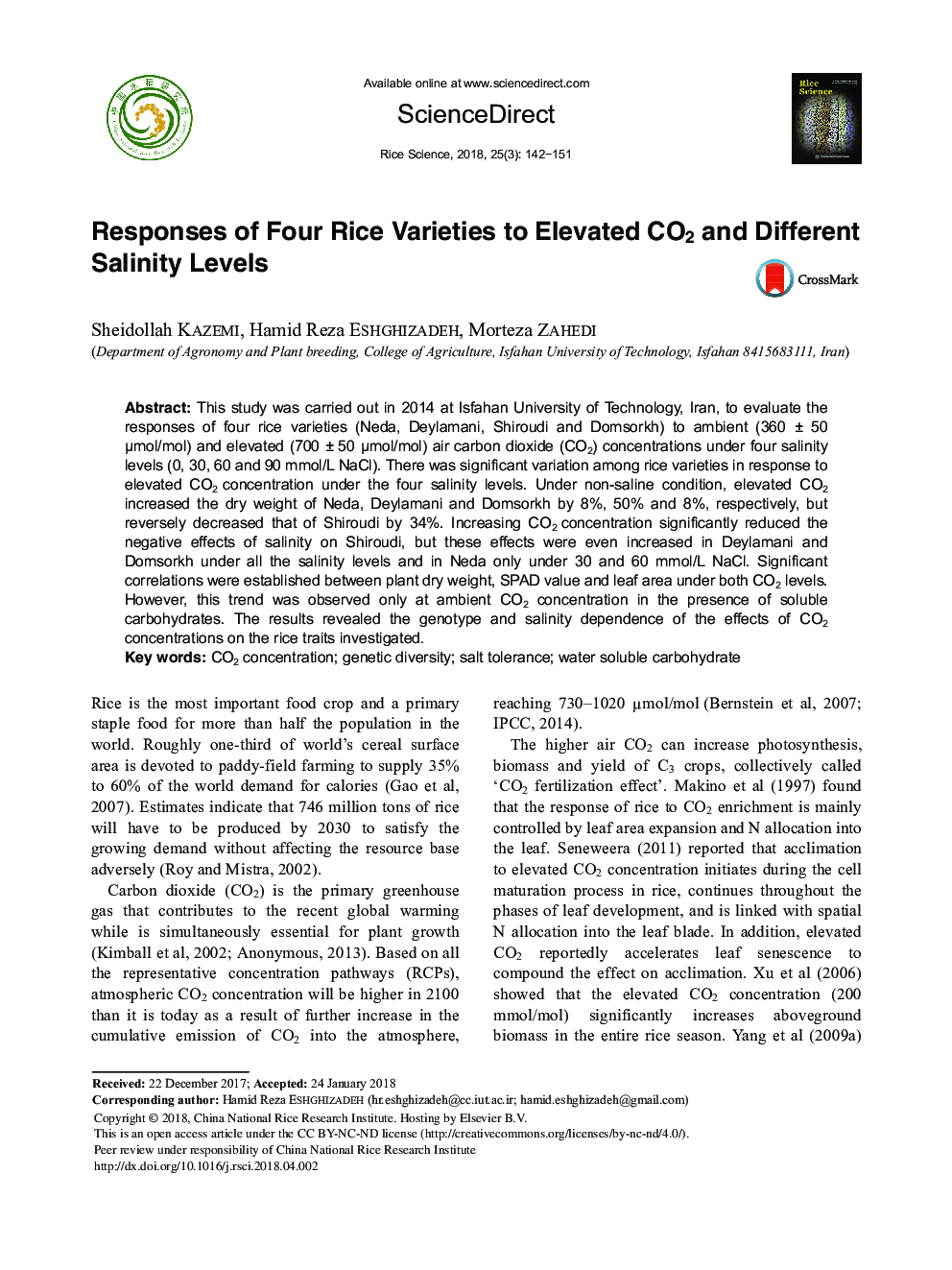 Responses of Four Rice Varieties to Elevated CO2 and Different Salinity Levels