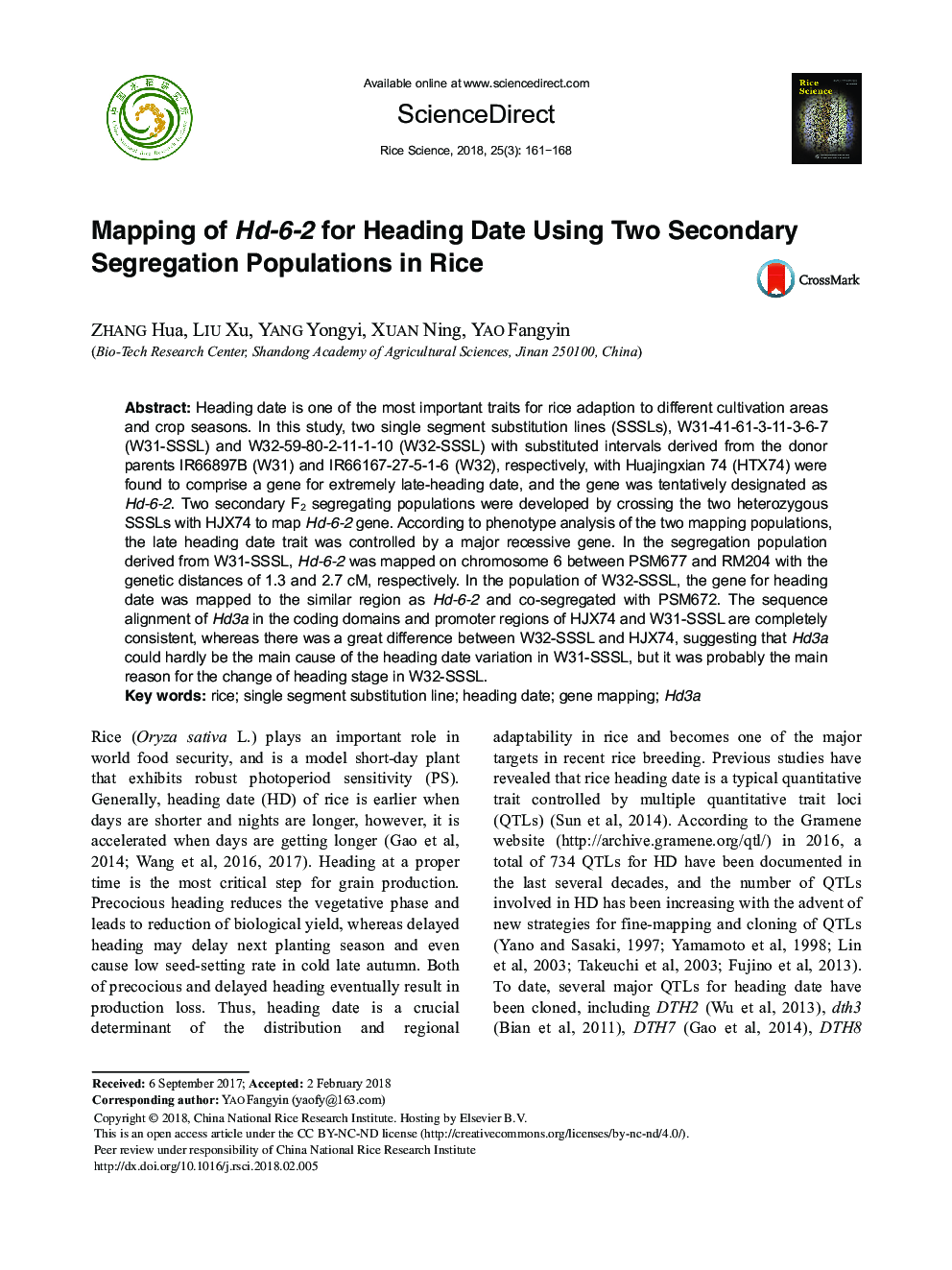 Mapping of Hd-6-2 for Heading Date Using Two Secondary Segregation Populations in Rice