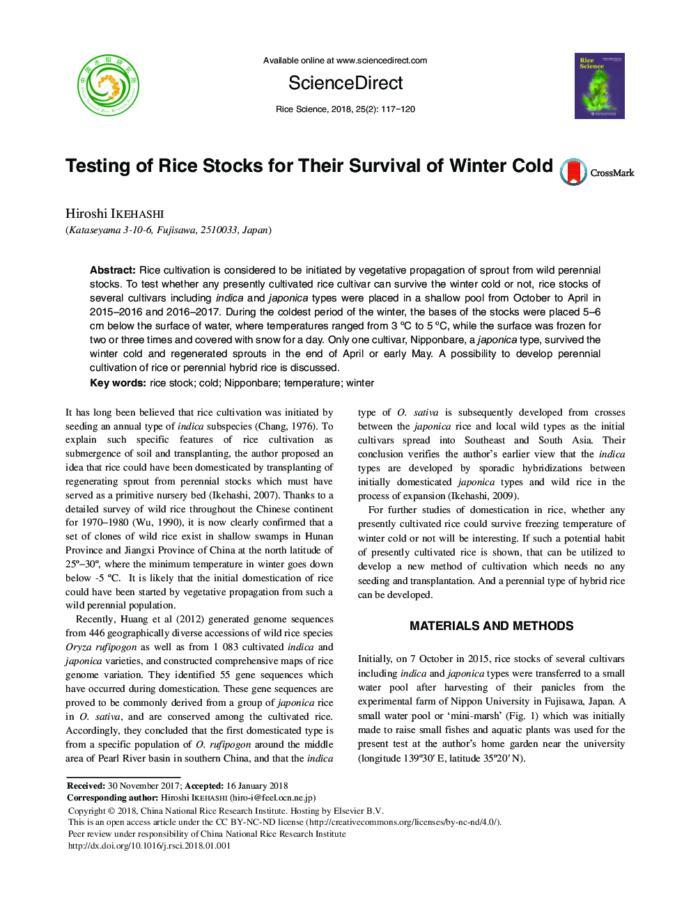 Testing of Rice Stocks for Their Survival of Winter Cold