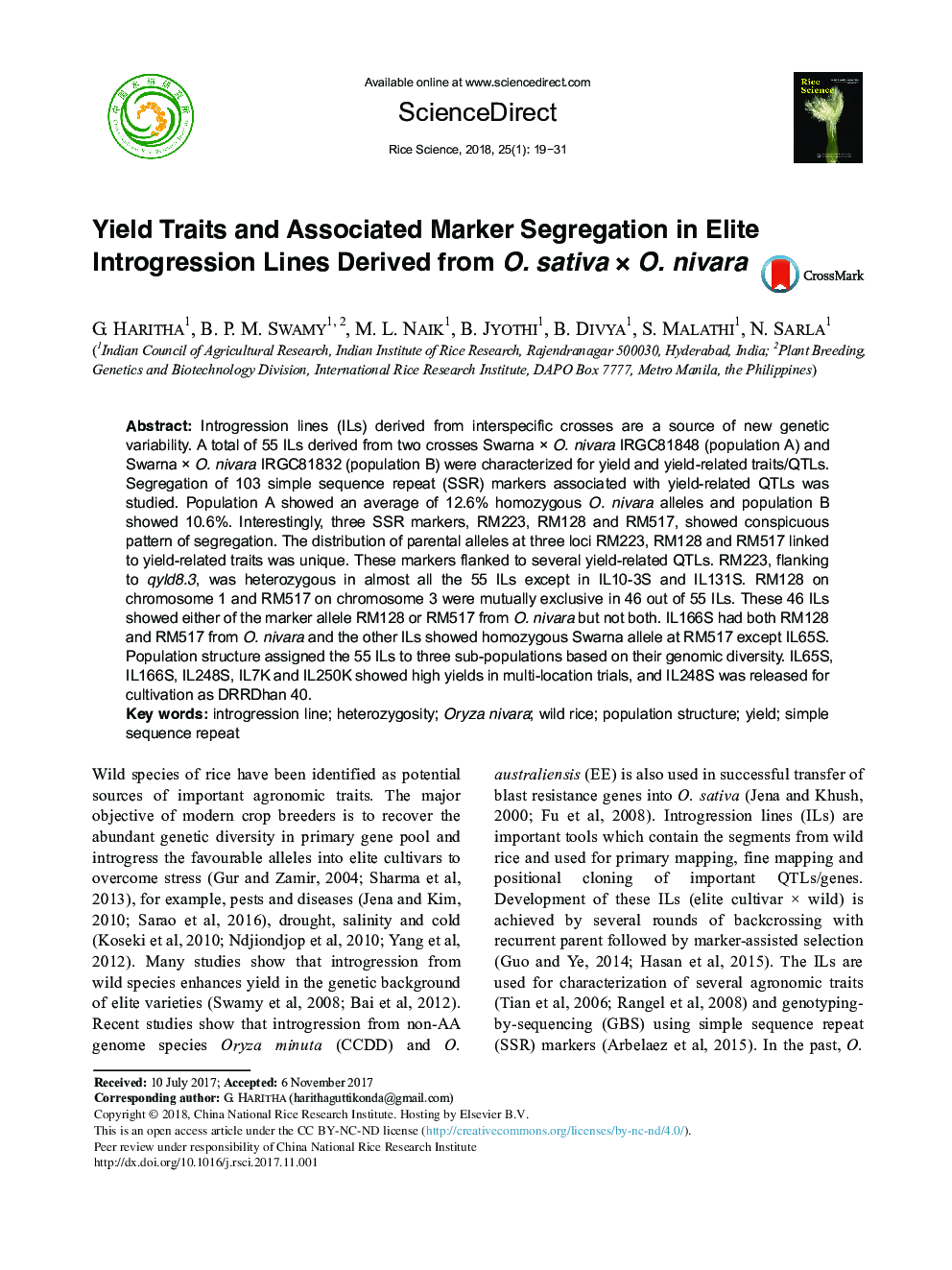 Yield Traits and Associated Marker Segregation in Elite Introgression Lines Derived from O. sativa Ã O. nivara