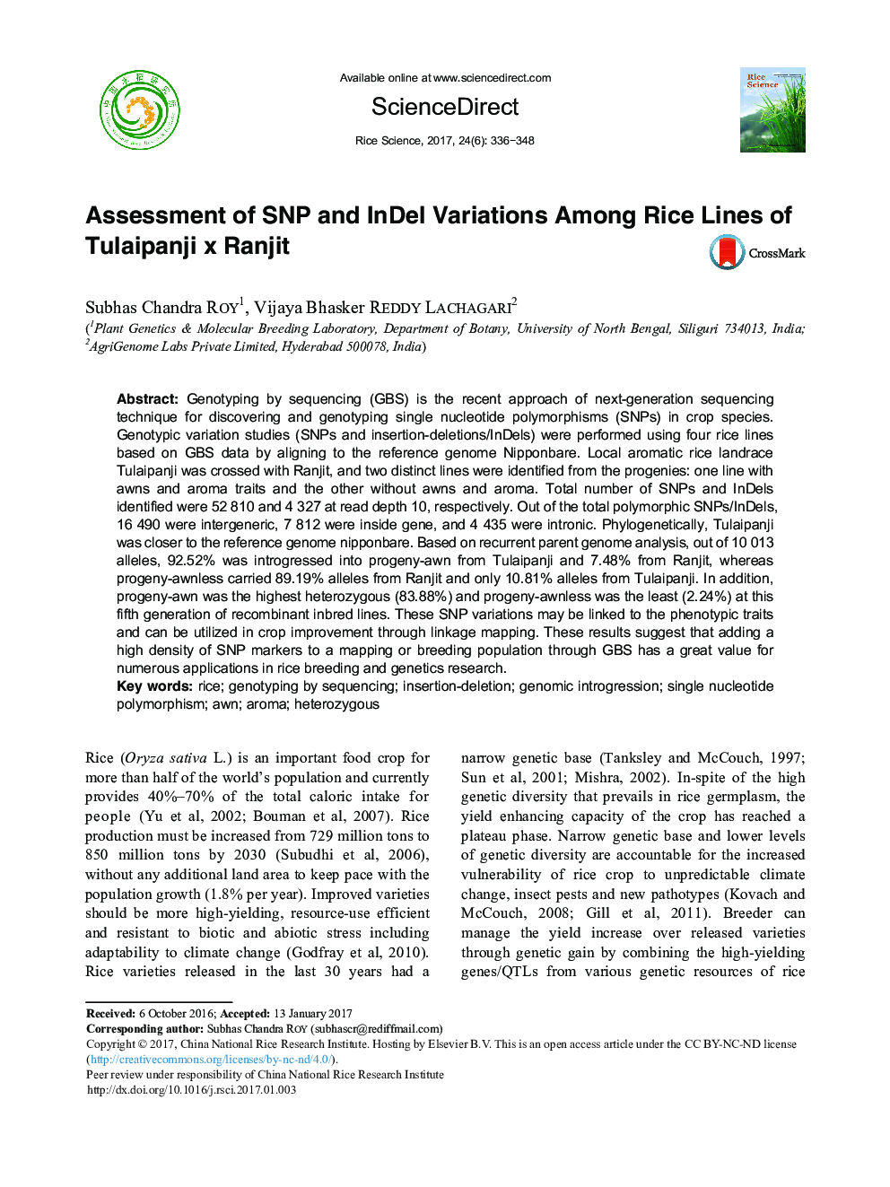Assessment of SNP and InDel Variations Among Rice Lines of Tulaipanji x Ranjit