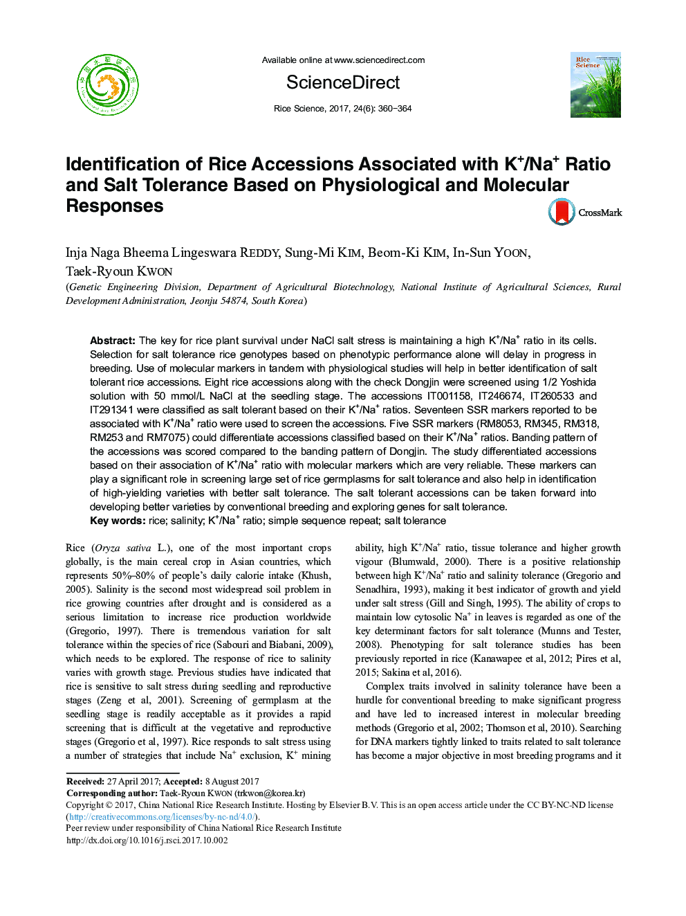 Identification of Rice Accessions Associated with K+/Na+ Ratio and Salt Tolerance Based on Physiological and Molecular Responses