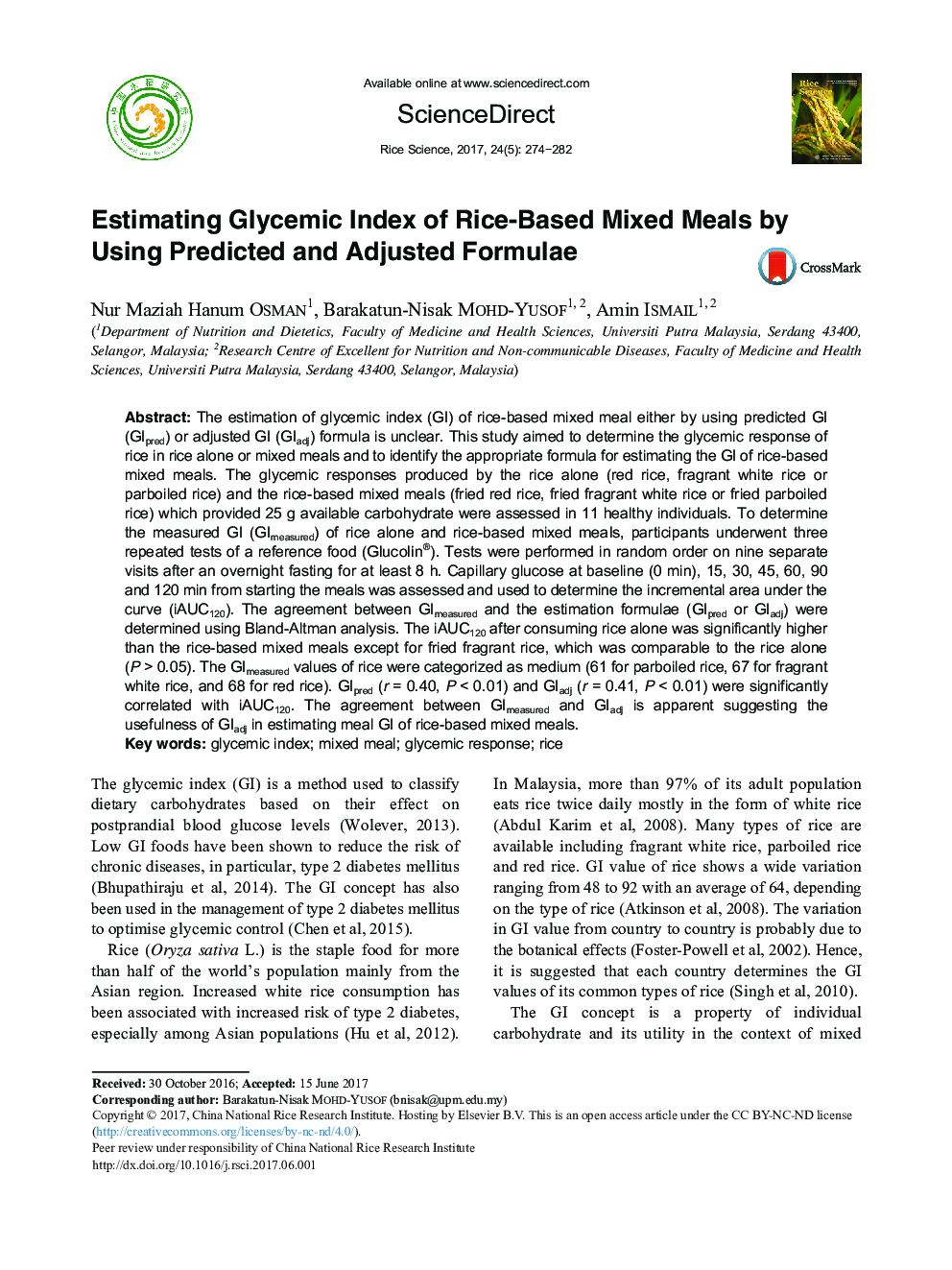 Estimating Glycemic Index of Rice-Based Mixed Meals by Using Predicted and Adjusted Formulae