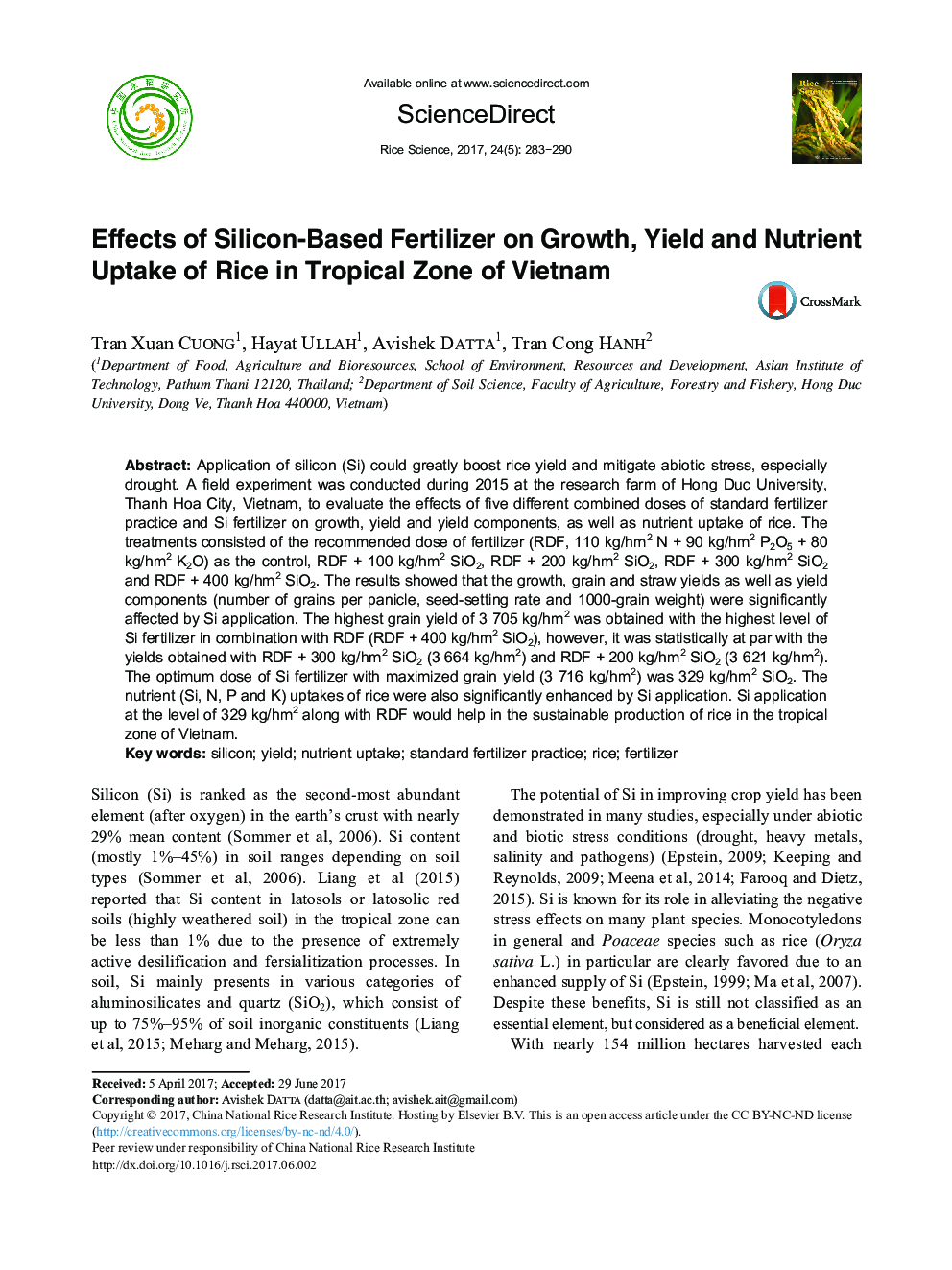 Effects of Silicon-Based Fertilizer on Growth, Yield and Nutrient Uptake of Rice in Tropical Zone of Vietnam