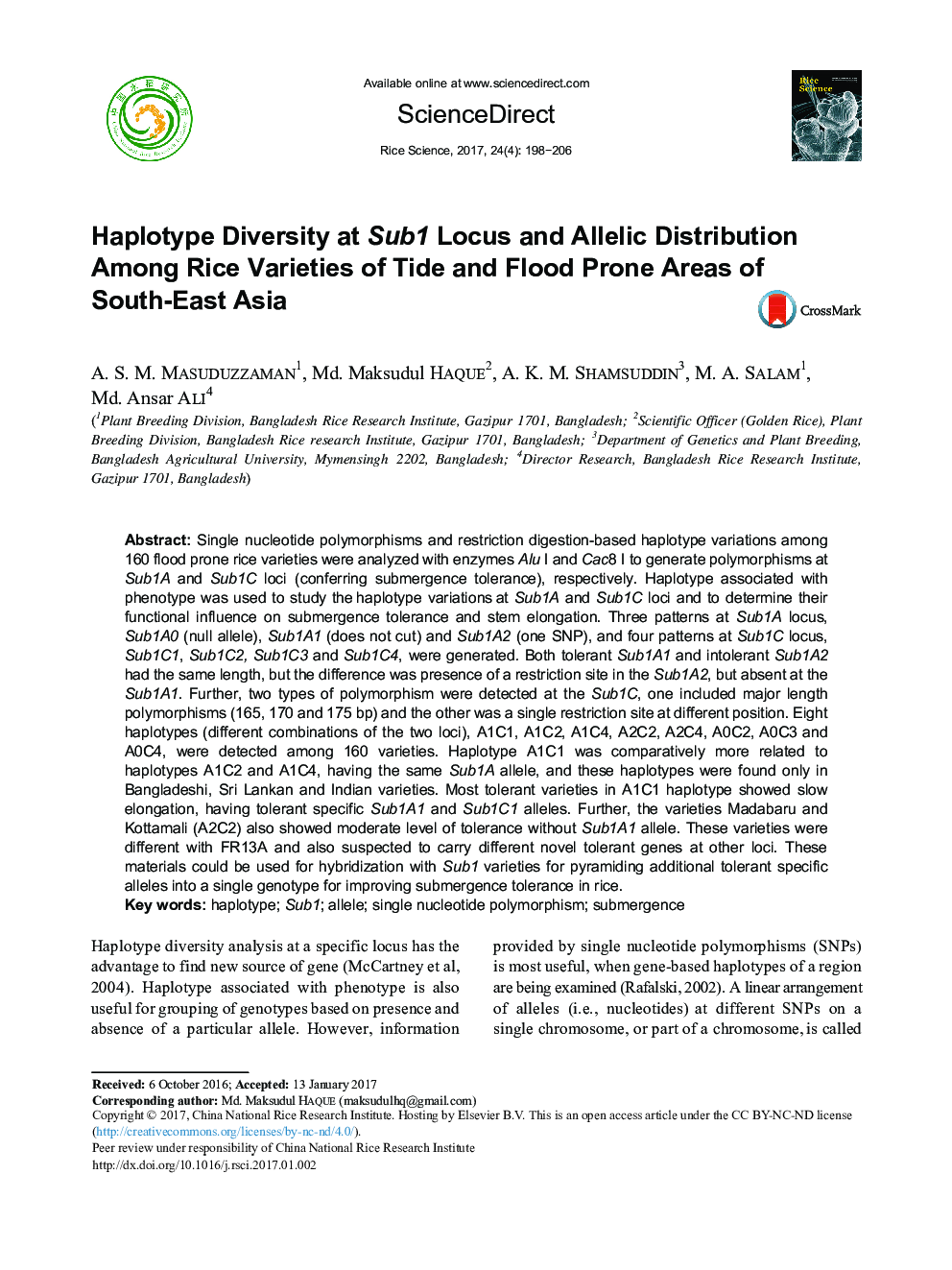 Haplotype Diversity at Sub1 Locus and Allelic Distribution Among Rice Varieties of Tide and Flood Prone Areas of South-East Asia