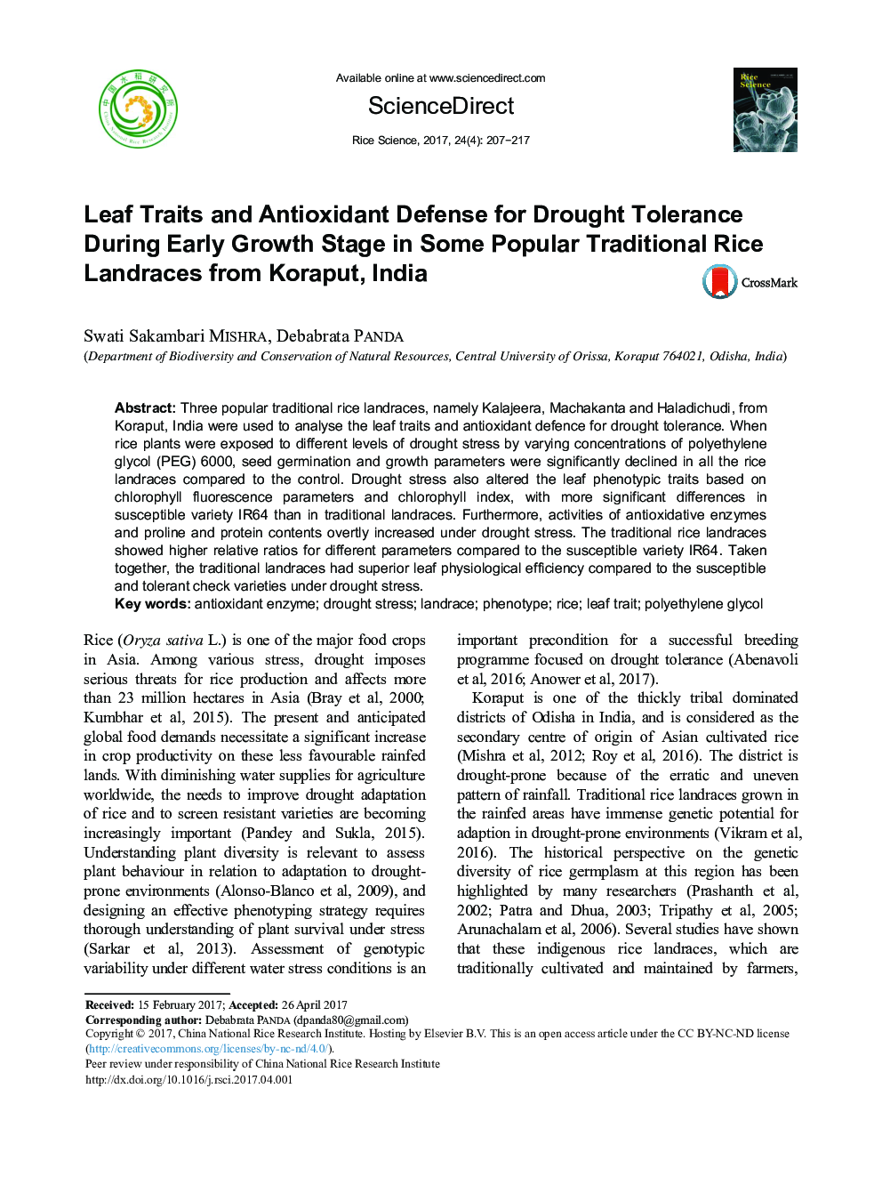 Leaf Traits and Antioxidant Defense for Drought Tolerance During Early Growth Stage in Some Popular Traditional Rice Landraces from Koraput, India