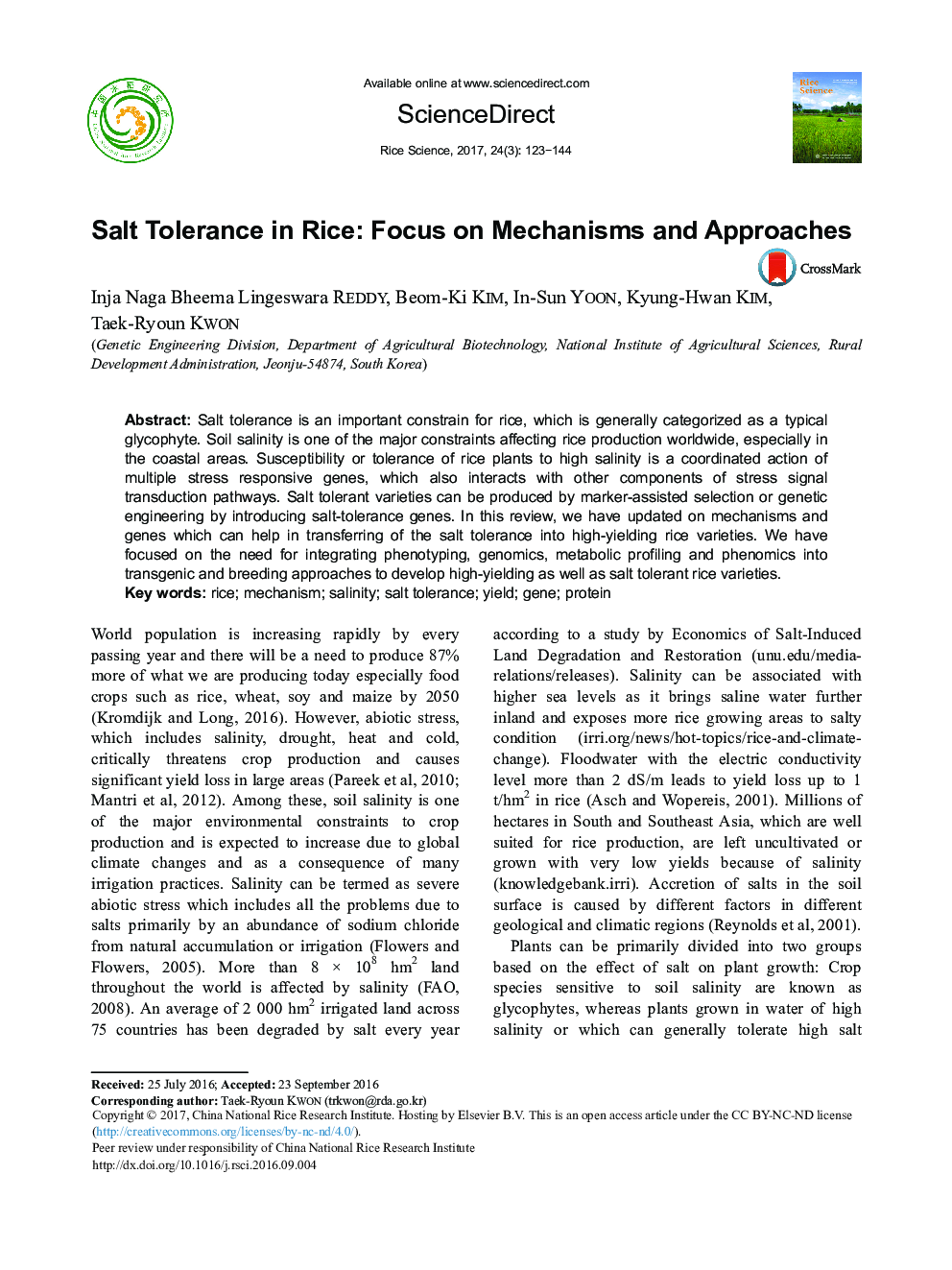 Salt Tolerance in Rice: Focus on Mechanisms and Approaches