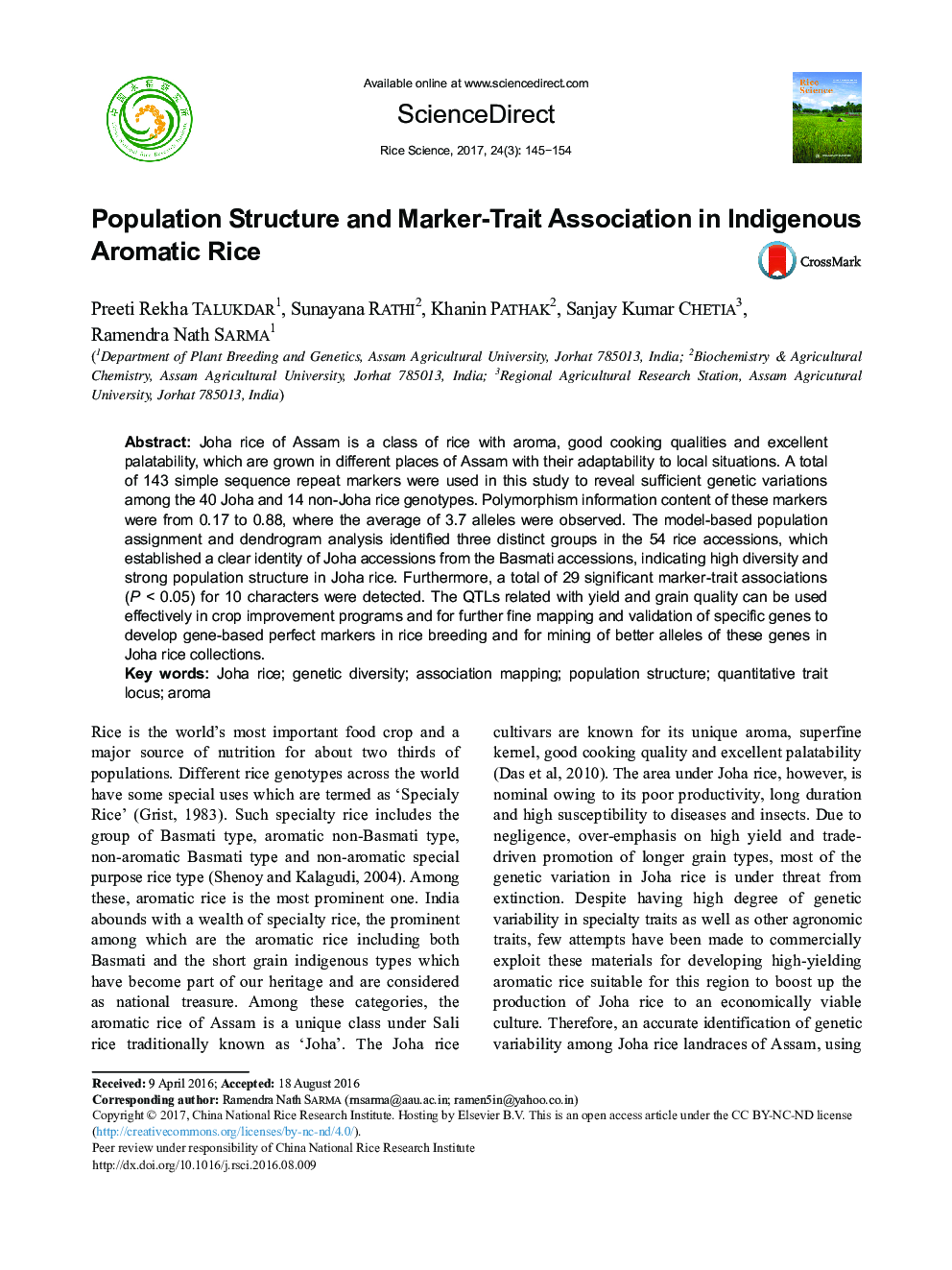 Population Structure and Marker-Trait Association in Indigenous Aromatic Rice