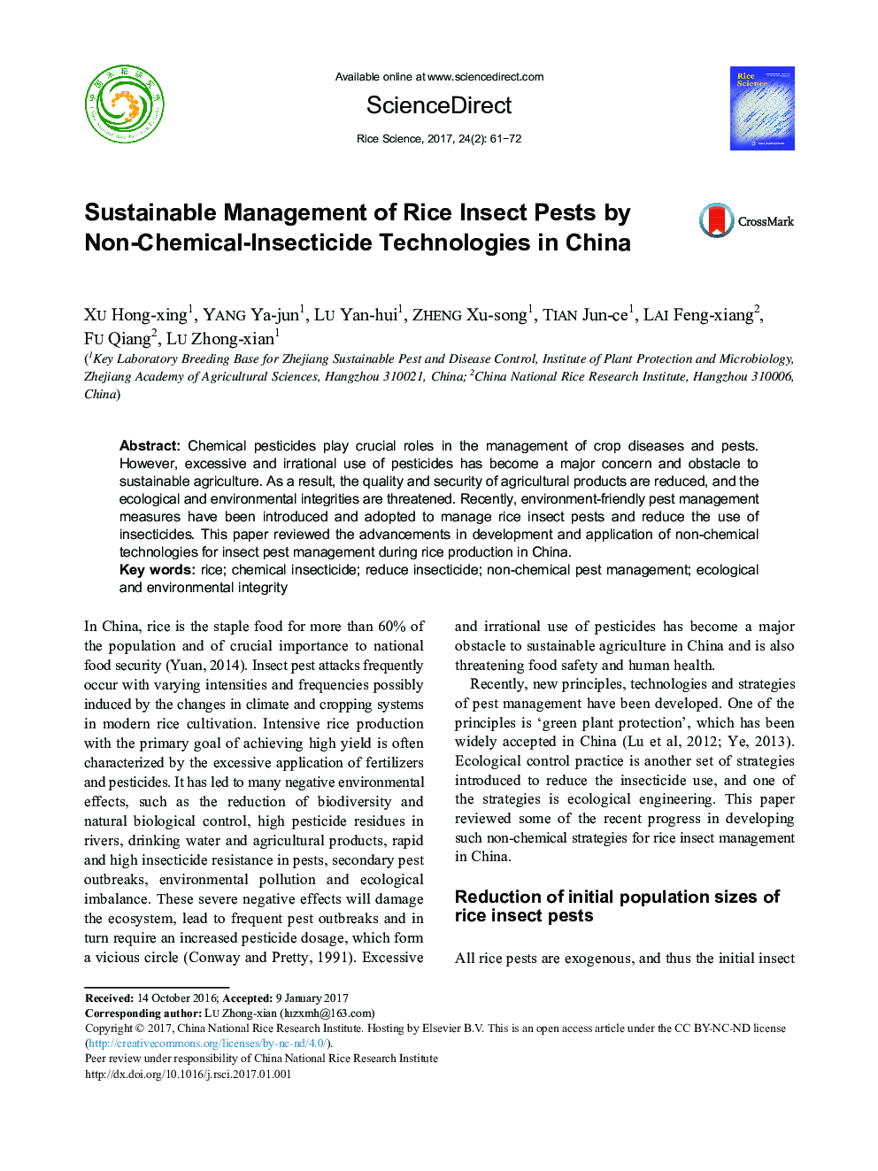 Sustainable Management of Rice Insect Pests by Non-Chemical-Insecticide Technologies in China