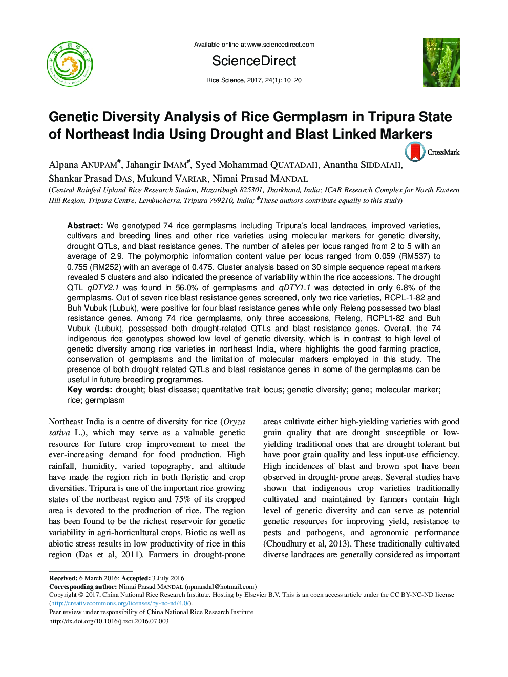 Genetic Diversity Analysis of Rice Germplasm in Tripura State of Northeast India Using Drought and Blast Linked Markers