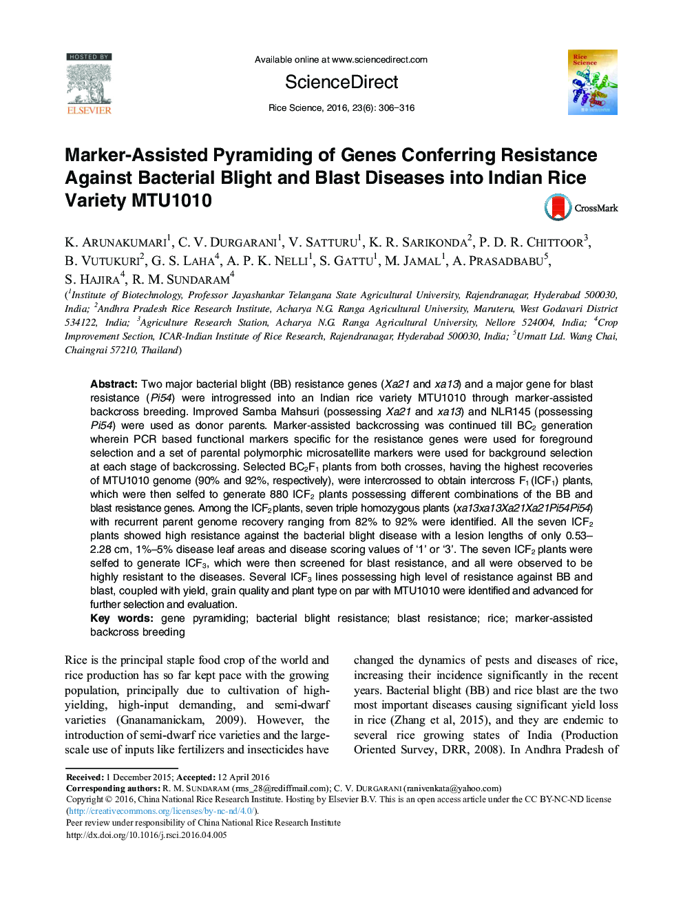 Marker-Assisted Pyramiding of Genes Conferring Resistance Against Bacterial Blight and Blast Diseases into Indian Rice Variety MTU1010