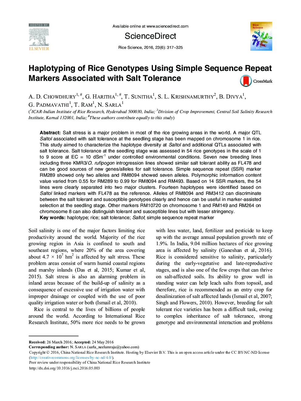 Haplotyping of Rice Genotypes Using Simple Sequence Repeat Markers Associated with Salt Tolerance