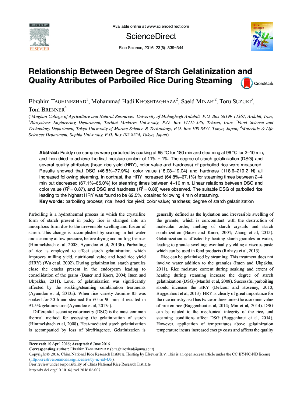 Relationship Between Degree of Starch Gelatinization and Quality Attributes of Parboiled Rice During Steaming