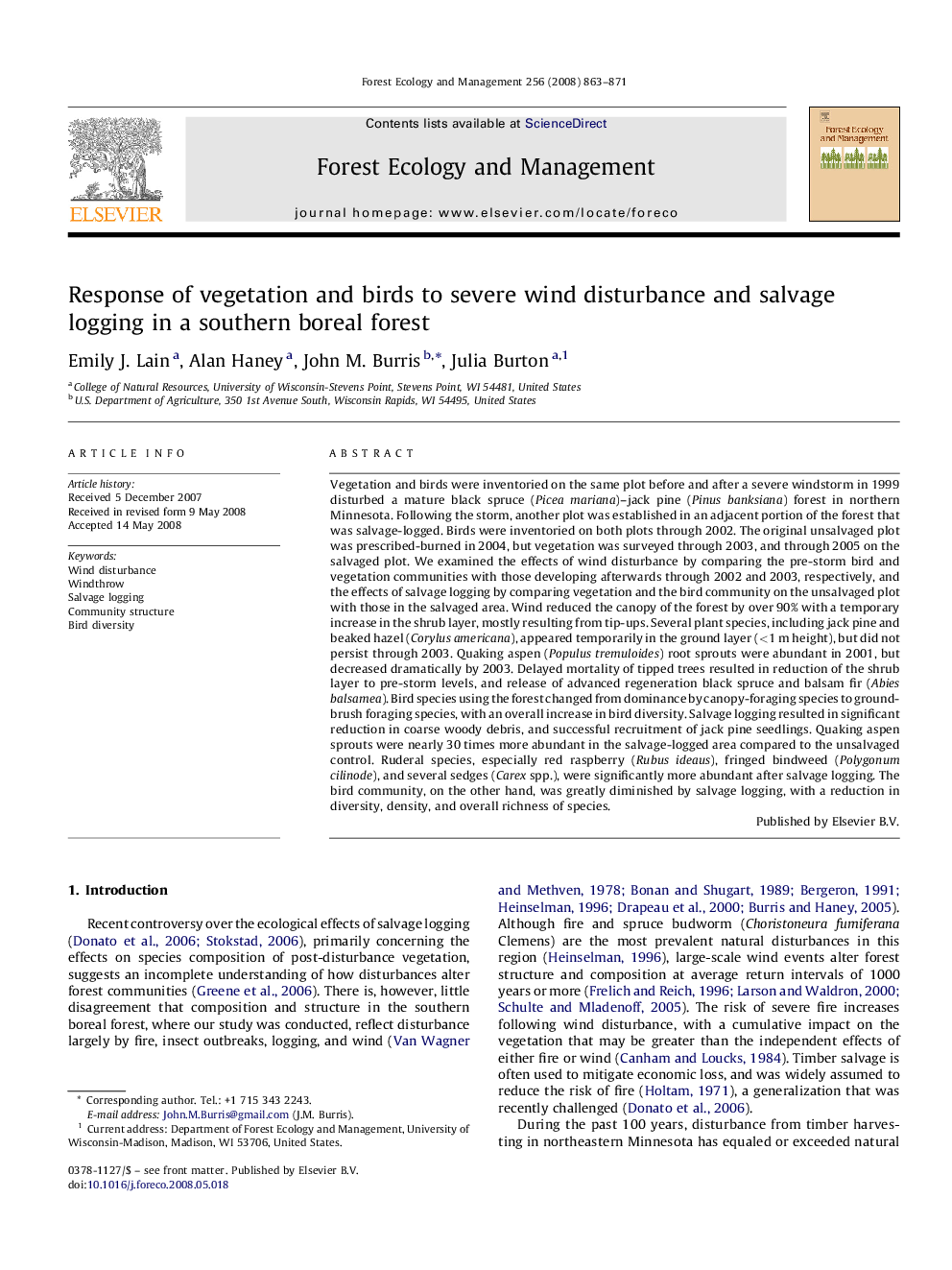 Response of vegetation and birds to severe wind disturbance and salvage logging in a southern boreal forest