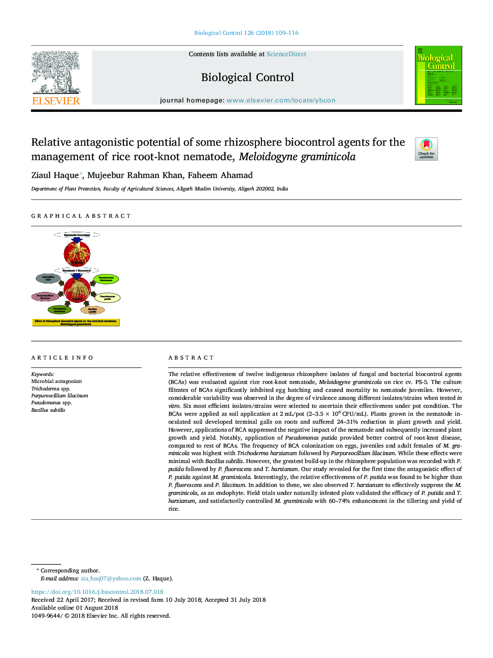 Relative antagonistic potential of some rhizosphere biocontrol agents for the management of rice root-knot nematode, Meloidogyne graminicola