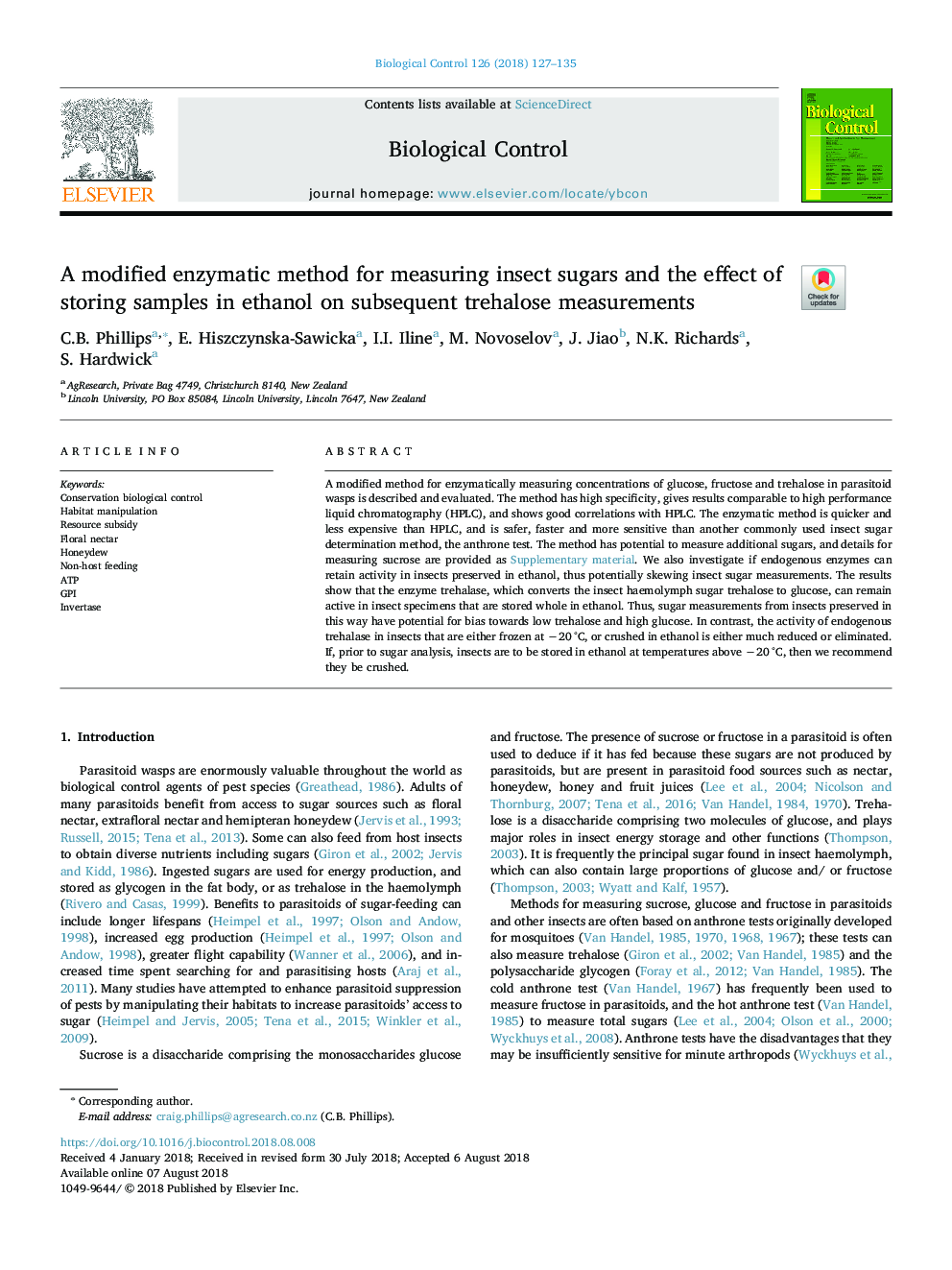 A modified enzymatic method for measuring insect sugars and the effect of storing samples in ethanol on subsequent trehalose measurements