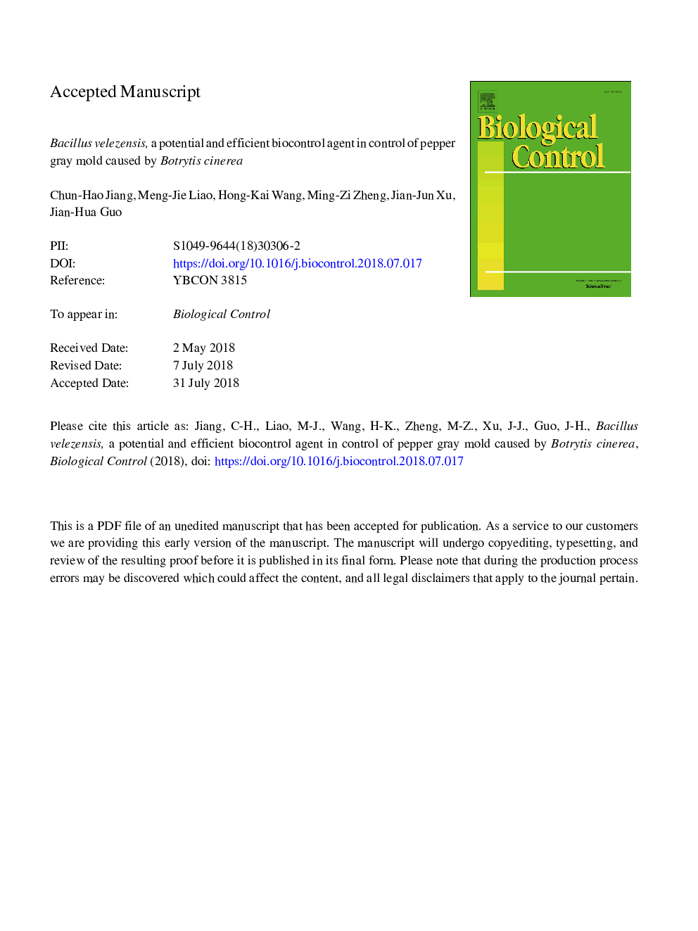 Bacillus velezensis, a potential and efficient biocontrol agent in control of pepper gray mold caused by Botrytis cinerea