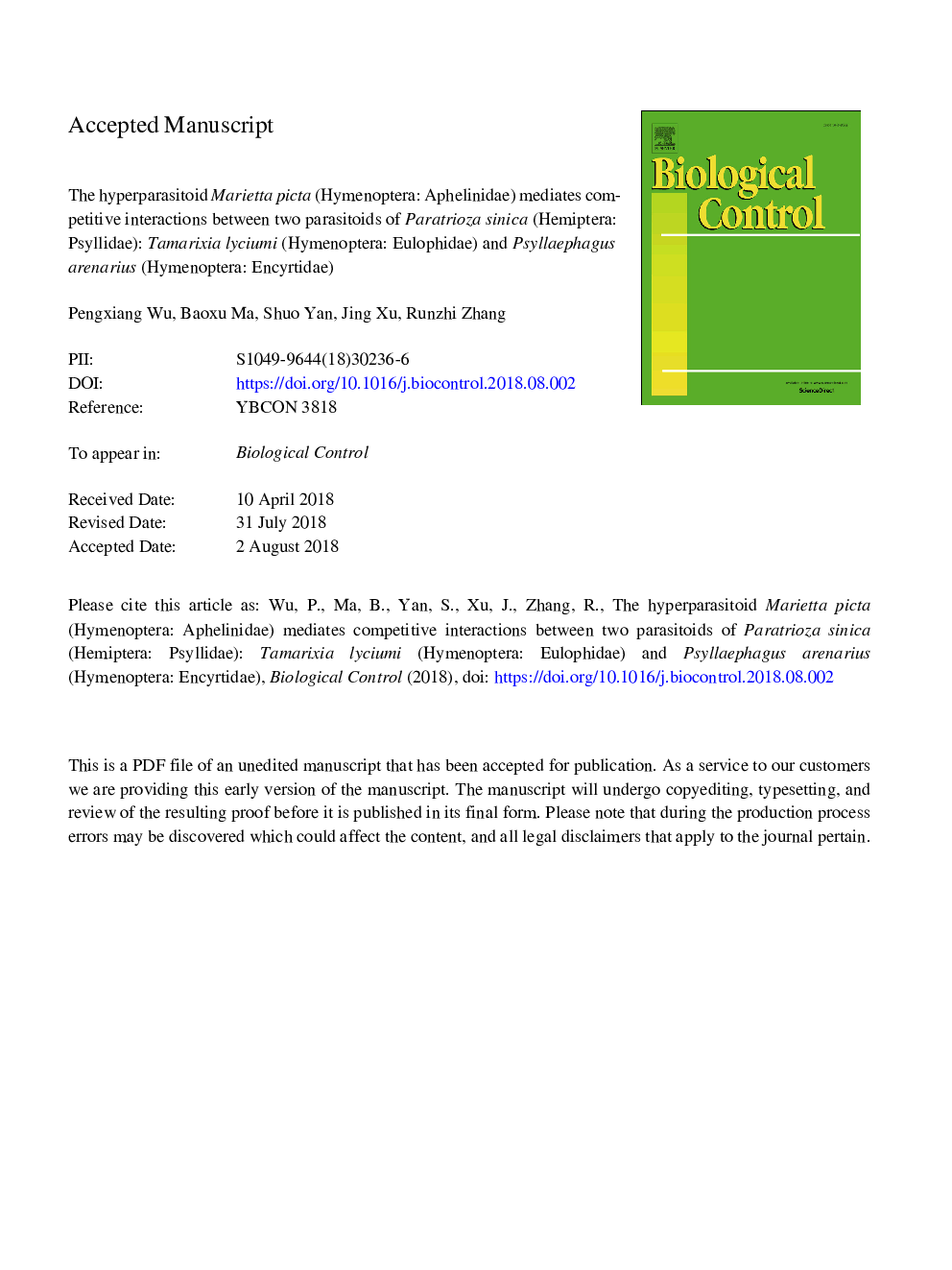 The hyperparasitoid Marietta picta (Hymenoptera: Aphelinidae) mediates competitive interactions between two parasitoids of Paratrioza sinica (Hemiptera: Psyllidae): Tamarixia lyciumi (Hymenoptera: Eulophidae) and Psyllaephagus arenarius (Hymenoptera: Ency