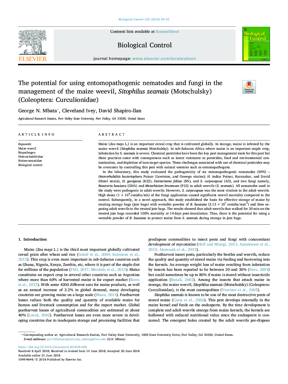 The potential for using entomopathogenic nematodes and fungi in the management of the maize weevil, Sitophilus zeamais (Motschulsky) (Coleoptera: Curculionidae)