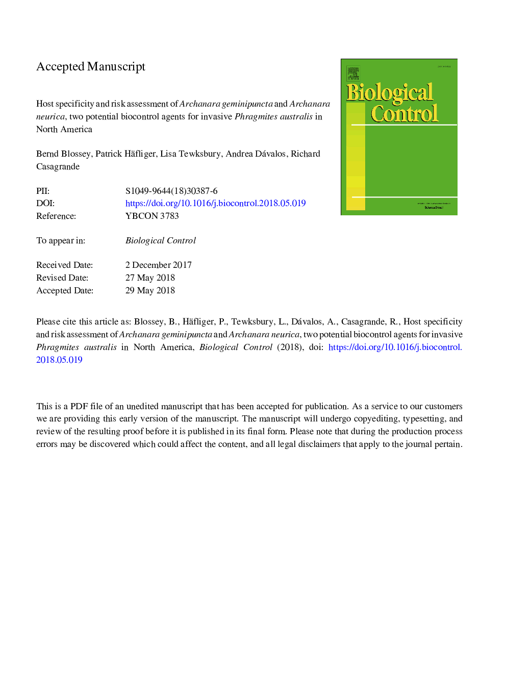 Host specificity and risk assessment of Archanara geminipuncta and Archanara neurica, two potential biocontrol agents for invasive Phragmites australis in North America