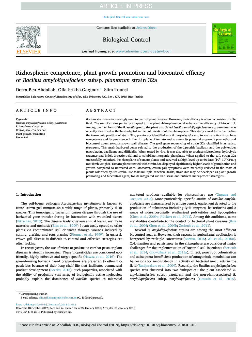 Rizhospheric competence, plant growth promotion and biocontrol efficacy of Bacillus amyloliquefaciens subsp. plantarum strain 32a