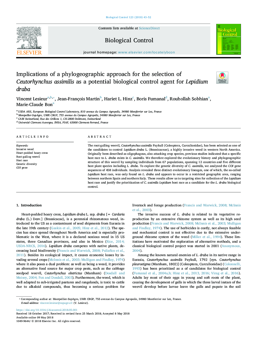 Implications of a phylogeographic approach for the selection of Ceutorhynchus assimilis as a potential biological control agent for Lepidium draba